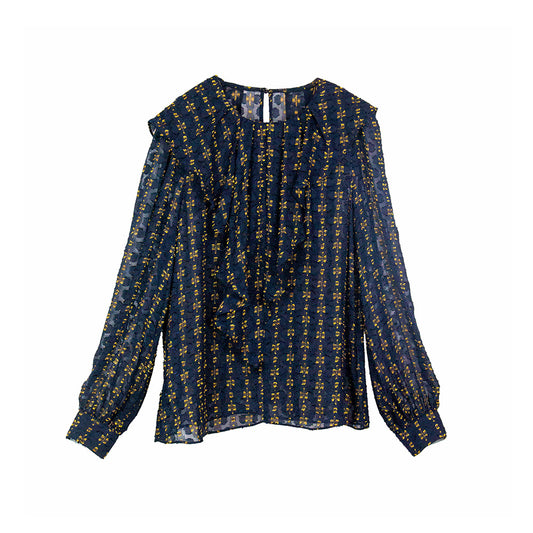 Semi-Sheer Navy and Gold Ruffle Blouse