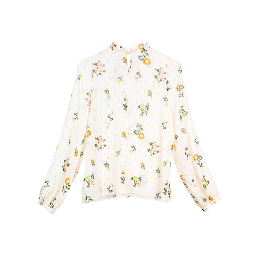 Semi-Sheer Floral Ruffle Neck Blouse