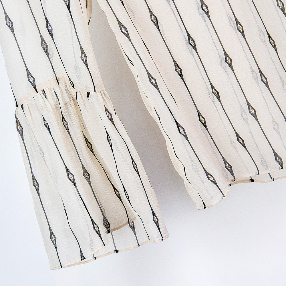 Semi-Sheer Geometric Stripe Ruffle Blouse