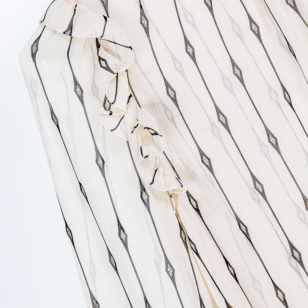 Semi-Sheer Geometric Stripe Ruffle Blouse