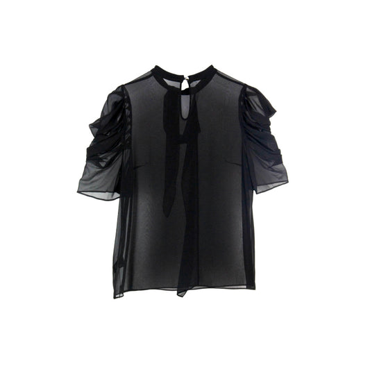Semi-Sheer Black Ruffle Sleeve Blouse