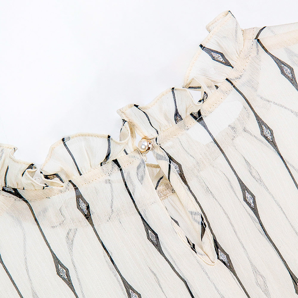 Semi-Sheer Geometric Stripe Ruffle Blouse