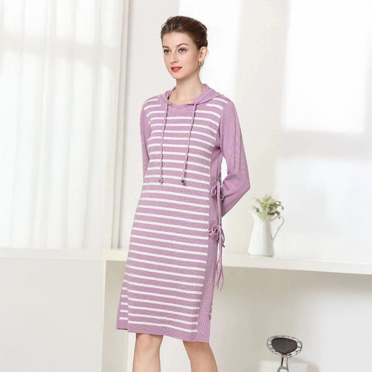 Knitted Striped Hoodie Dress with Side Tie