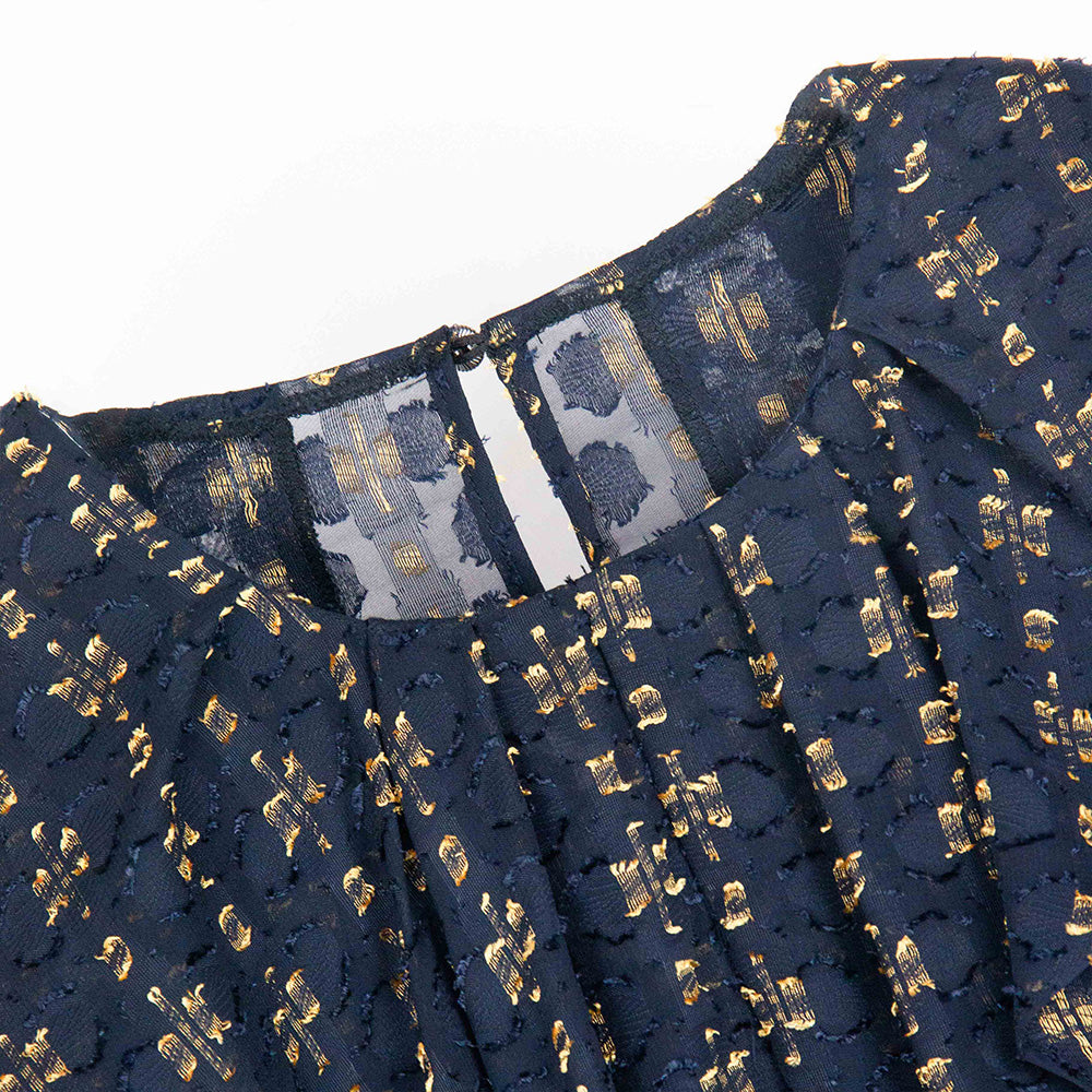Semi-Sheer Navy and Gold Ruffle Blouse