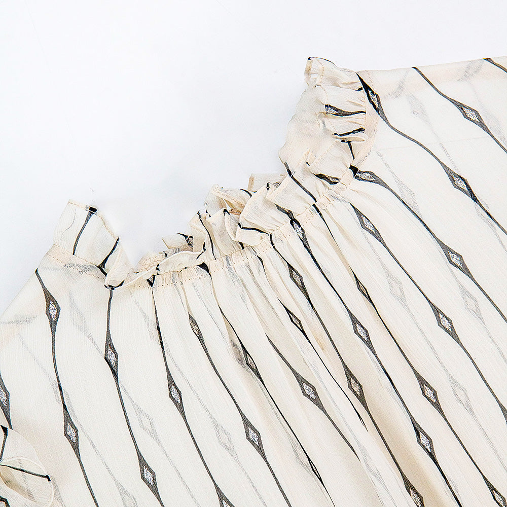 Semi-Sheer Geometric Stripe Ruffle Blouse