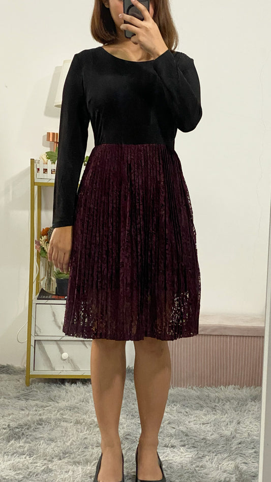 Black & Plum Pleated Lace Dress