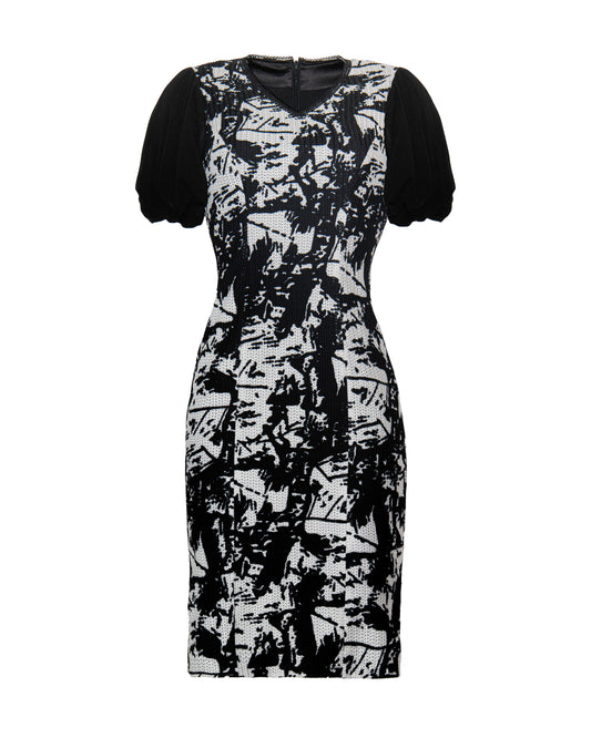 Contrast Elegance Puff-Sleeve Dress