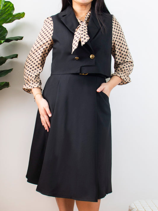 Black Printed Top Dress & Cropped Vest