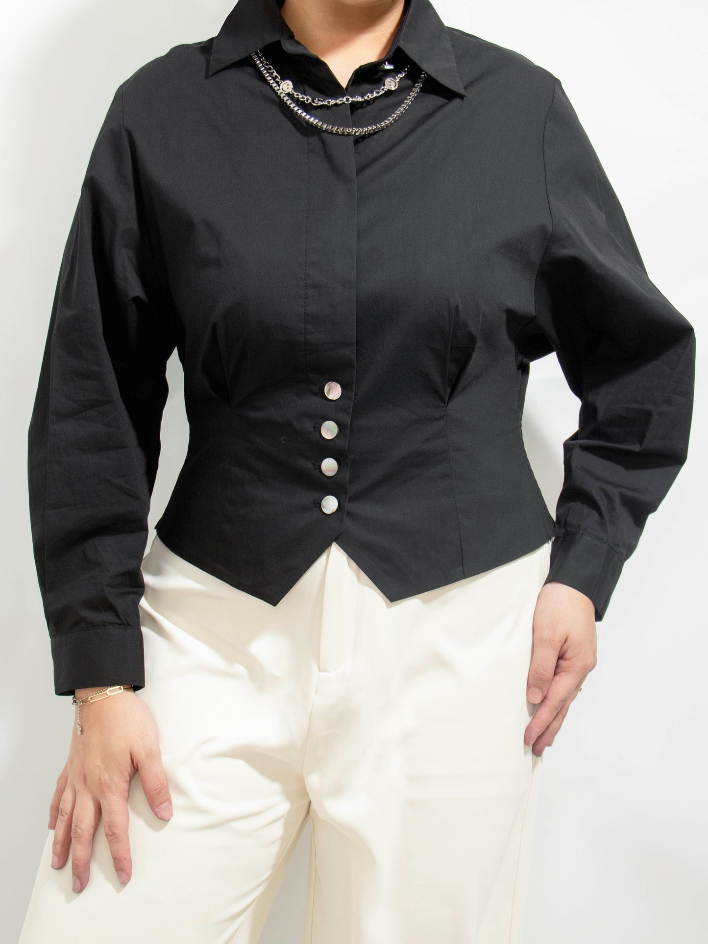 Structured Black Button-Down with Built-in Chain