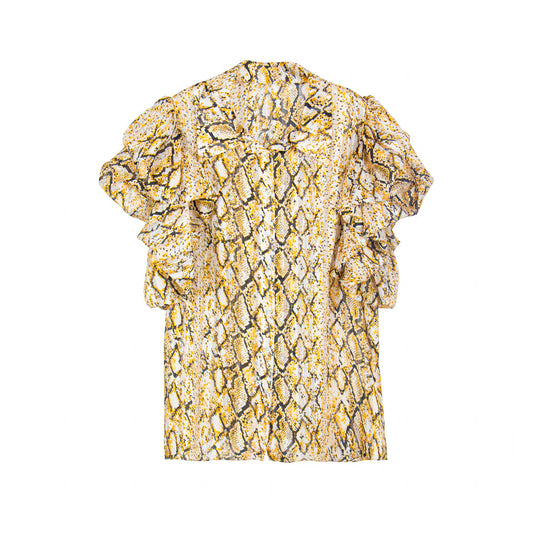 Semi-Sheer Ruffle Sleeve Snake Print Blouse