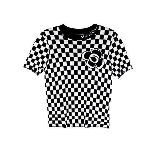 Checkered Blossom Knit Top