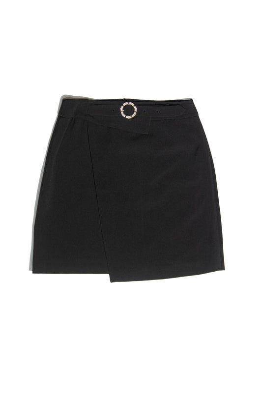 Black Overlap Mini Skirt with Gold Buckle Detail