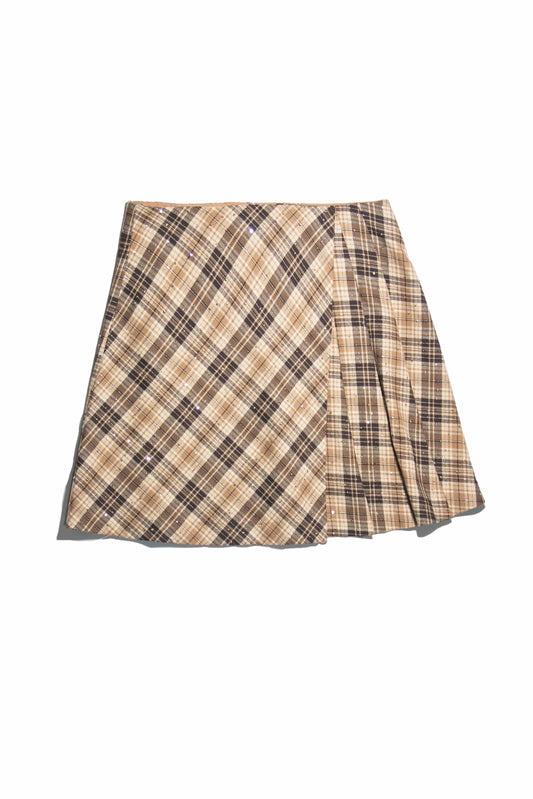 Brown Plaid Sequin Pleated Skirt