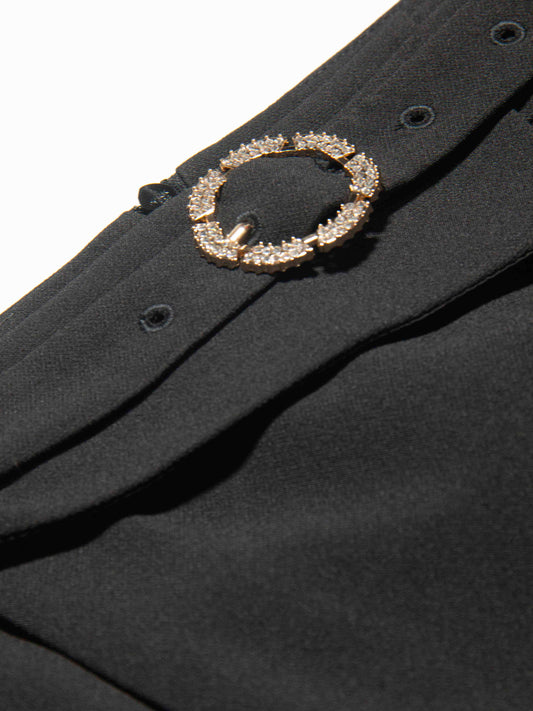Black Overlap Mini Skirt with Gold Buckle Detail