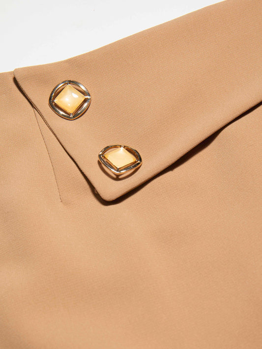Beige Overlap Skirt with Gold Square Buttons