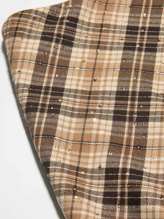 Brown Plaid Sequin Pleated Skirt