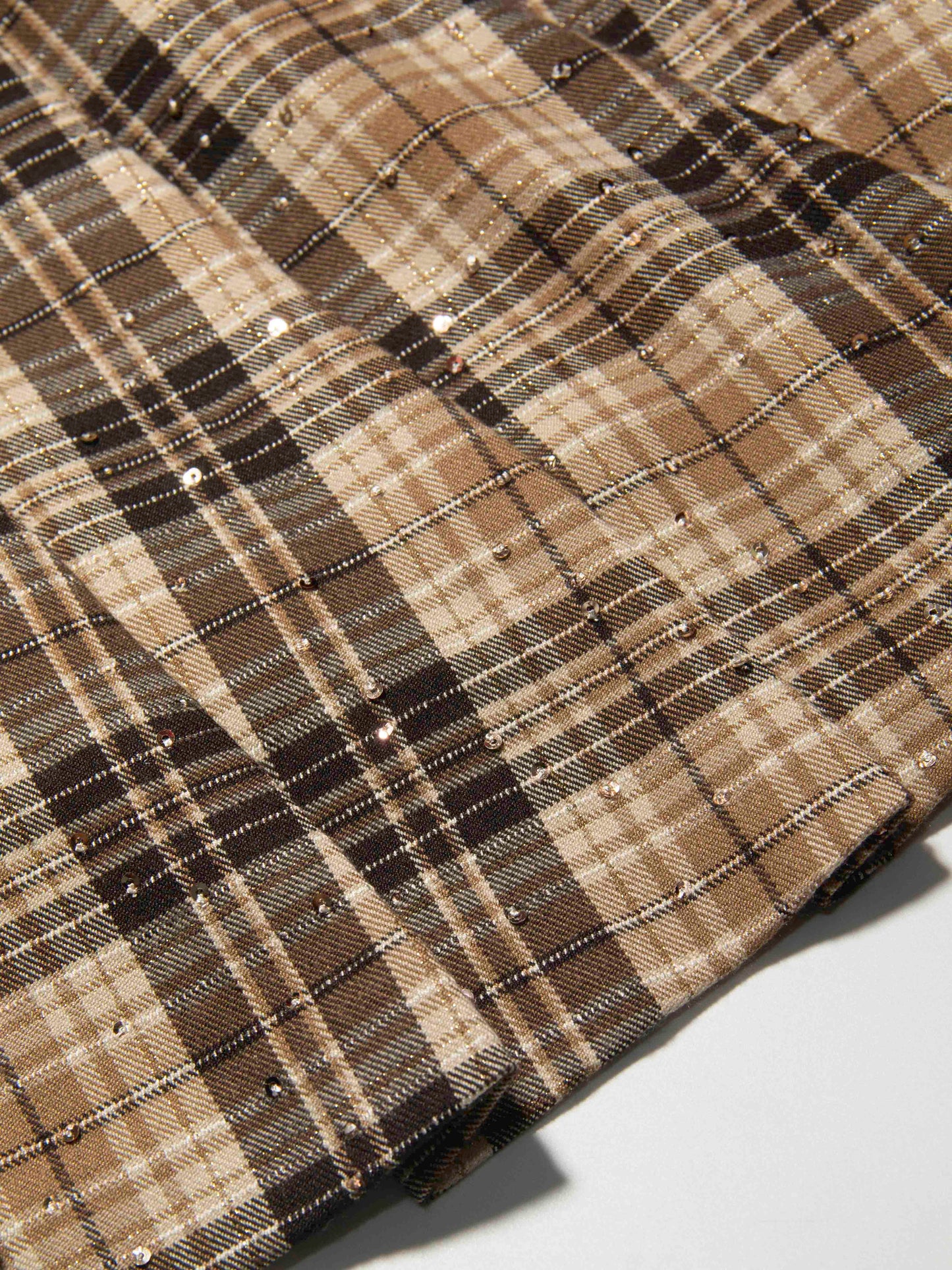 Brown Plaid Sequin Pleated Skirt