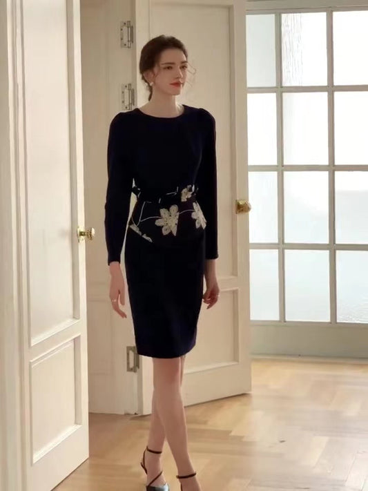 Floral Accent Navy Dress