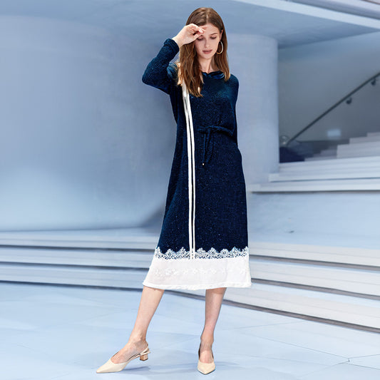 Knitted Shimmey Hooded Vneck Dress